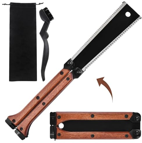 GOLD DEER 8Inch Folding Japanese Pull Saw 13/14 TPI Double-Edged Hand Saw with SK5 Blade and Ebony Handle Pocket Camping Saws with Portable Pouch & Brush Flush Cutters for Hard & Soft Wood