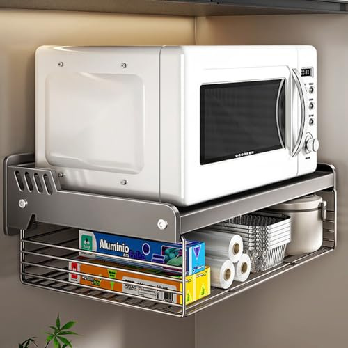BAKENLON Mikrowellenhalterung Wand, Wandhalterung für Mikrowelle mit Aufbewahrungskorb, 2 Ebenen Mikrowellen-Halterung aus Carbon Stahl, für Grillofen, Backofen