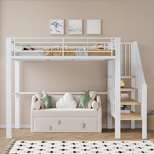 Merax Hochbett Metallbett 140 x 200 Kinder & Erwachsene,mit Treppe, Geräumiger Stauraum unter dem Bett, Hochbett für Kinderzimmer, Schlafzimmer & kleine Wohnungen,ohne Matratze - Weiß