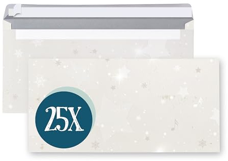 Briefumschläge Weihnachten, 25 Stück: Umschläge für Weihnachtsbriefe, Kuverts ohne Fenster, Weihnachtsmotiv Sterne, Weihnachtsumschläge für Briefe an Kunden, Freunde & Kollegen, DIN lang, 22 x 11 cm