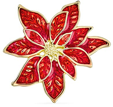 Große Aussage Blumen Feiertagsparty Weiß Roter Emaille Weihnachtsstern Brosche Schalnadel Für Frauen, Vergoldet
