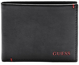 Guess Men's Leather Slim Bifold Wallet, Julian Black/Red, One Size