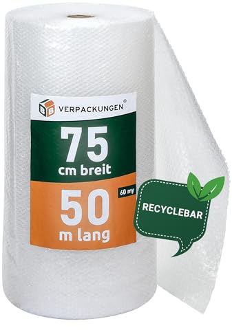BB-Verpackungen 1x PROFI Luftpolsterfolie 0,75 x 50 m Versand, Verpackung, Umzug 2-lagig (1 Rolle) | 60 my stark, extrem robust, sehr leicht, 100% recycelbar