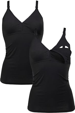 Herzmutter Camisole Allaitement Coton - OekoTex100 - débardeur Allaitement - sous Vetement Femme - Bustier intégré - Top Bretelle Ajustable - Lot de 2-5420 (L, Noir, 2X)