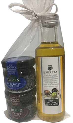 Regalo de botella de Aceite de La Chinata con tarros de mermeladas sin gluten de cereza y arándanos en bolsa de organza (Pack 24 ud)