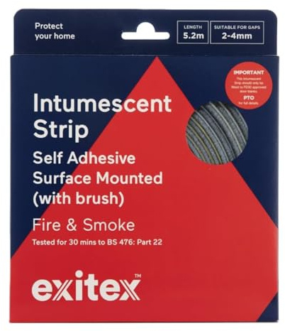 Exitex Intumescent Fire & Smoke Strip with Brush, 5.2m, 25x5mm, (Grey) | 30-min fire & smoke seal, BS 476-22 tested. Fits gaps 2-4mm. Self-adhesive, no routing needed. Covers one internal door.
