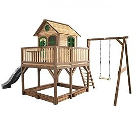 AXI Liam Maison Enfant avec Bac à Sable, Balançoire & Toboggan Gris | Aire de Jeux pour l'extérieur en Marron & Vert | Maisonnette/Cabane de Jeu en Bois FSC