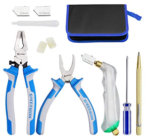 SPEEDWOX Heavy Duty Glass Running Pliers Breaker Grozer Pliers Set 12PCS Glass Cutting Tool Kit Oil Feed Glass Cutter with 3 Size Cutter Head Oil Dropper Screwdriver Leather Zipper Bag