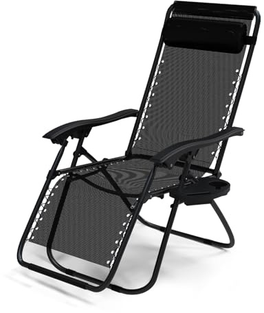 VOUNOT® Tumbona Plegable Multiposicione Jardín, Silla Gravedad Cero Reclinable, con Soporte para Bebidas y Reposacabezas Axtraíble, Carga máxima 120kg, Negro