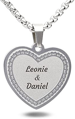 LaraZeidler Berlin Herzkette mit Gravur Edelstahl Damen Kette mit Herz Anhänger individuelle Wunschgravur Namen Datum auf Vorderseite und Rückseite (42)