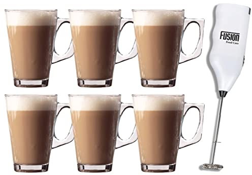 Fusion Food 6X Glass Coffee Mugs 240ml Includes Milk Frother Double Walled Glass Latte Espresso Coffee Cup Condensation Free Heat Resistant Exterior Dishwasher Safe Insulated Coffee Cups