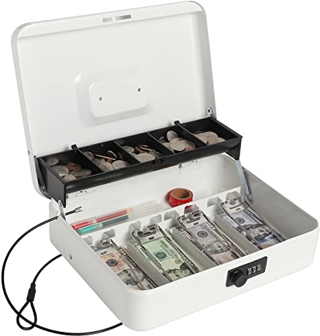 Geldkassette mit Zahlenschloss, Geldtresor für Bargeld, Schlossbox mit Sicherheitskabel 11,8 x 9,5 x 3,54 Zoll, Weiß