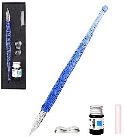 Stylo à cristal fait à la main, ensemble de stylos à plume en verre, profitez d'une inspiration créative de la nature comme cadeau de décoration de peinture. (Méduse bleue) (motif eau)