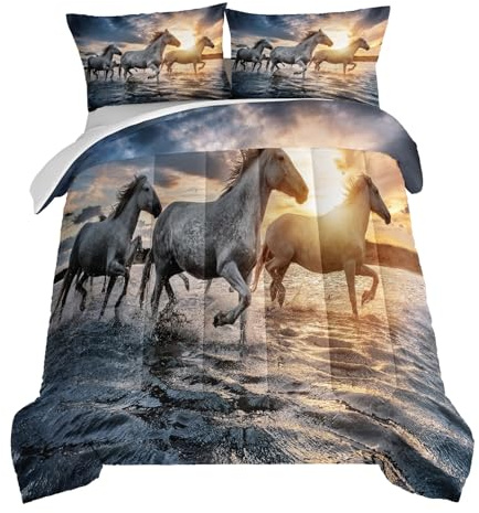 HOSIMA Girls Comforter Set,Horse Print Theme Handsome Horse Bedding Set Twin Size for Kids Teen Boys Room Decor,Twin Bedding Sets for Girls with 2 Pillowcases.