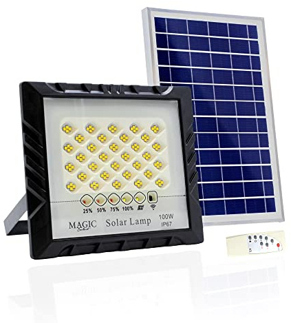 Wand Solar Flutlicht 100W-128LED mit Photovoltaik Solarmodul mit Fernbedienung, Automatischem Zündsensor. IP67 Solarstrahler für Terrasse, Garten, Garagenbeleuchtung.