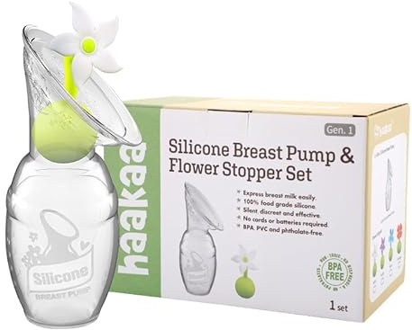 haakaa 100 ml manuelle Milchpumpe 1. Generation und Deckel mit Blume (weiß), transparent Silikon-Milchpumpe
