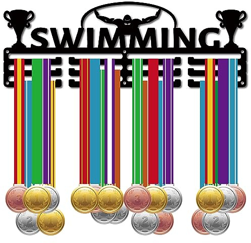 CREATCABIN Schwimmen Medaillenaufhänger Display Medaillenhalter Rack Sport Metall Hängen Sportler Auszeichnungen Eisen Wandhalterung Für Schwimmer Rennen Band Lanyard Medaillen Schwarz 40x14cm