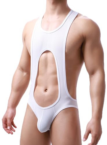 WMIERFI Herren-Bodysuit, Tanga, G-String, Turnanzug, Netzstoff, Wrestling, Einteiler, Unterwäsche, Basisschichten, Weiß, M