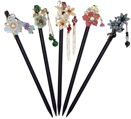 5 Stück Vintage Haar Stick Holz Haarstäbchen Chinesische Haarnadel mit Blumen und Quasten verziert Damen Haarklammern Haarstäbchen für Dekoratives Haar Feste Frisur