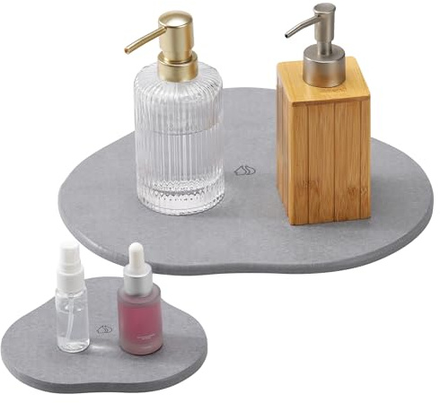 Navaris 2er Set Kieselgur Stein Untersetzer - 2 Größen - Diatomaceous Tray Wasser absorbierend - Steinmatte für Badezimmer - Bad Unterlage - Grau
