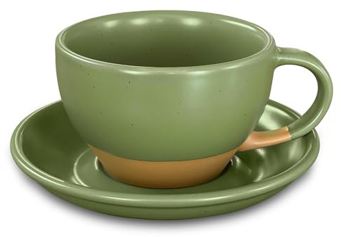Mora Ceramic Latte Art Mug With Saucer - 10.5 oz, Round Bottom For Perfect Pours - Cafe Cups for Cappuccino, Espresso, Coffee, Tea etc - Porcelain Set for Baristas, Great Gift - Moss Green