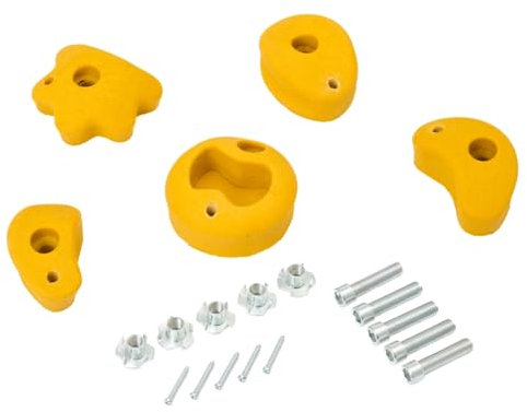 TRIBECCO Pietre da arrampicata per parete da arrampicata, 5 pezzi, con set di fissaggio, diverse forme, dimensioni 8 x 11,5 cm, in poliresina per arrampicata all'aperto e al coperto (giallo)