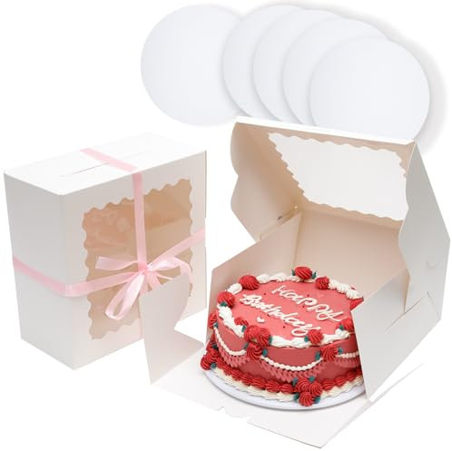 Gcardist 10x10x5 Inch Cake Box, 5 Sets White Cake Box with Window ＆ 5 Sets 10 Inch White Cake Round Boards, Cake Containers(25.4x25.4x13cm)