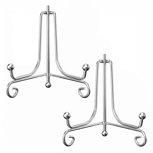 Soporte para Platos, 2 Piezas Soporte de Exhibición de Hierro, Caballete Expositor de Mesa para Platos Decorativos, Fotos, Libros, Arte, Marcos de Foto, 6 Pulgada Plata