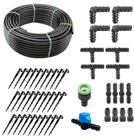 Garden Drip Irrigation Pipe Hose, Micro Drip System Connecting Pipe Gardening Automatic Self-Irrigation Kit (50m + Full Kit)