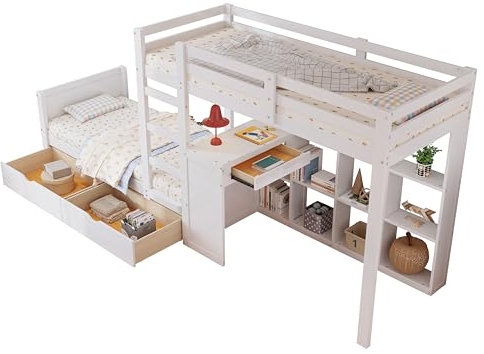 Azkoeesy Etagenbett mit Schreibtisch, mit 2 Schubladen und Regalen, Multifunktionales Hochbett mit dreistufiger Leiter, mit Lattenrost und Geländer, für Teenager und Erwachsene, Kiefernholz, weiß