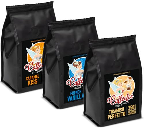 Vorteilspack 3 x 250 g Caffeefee gemahlen, Caramel Kiss, French Vanilla, Tiramisu Perfetto, aromatisierter Röstkaffee aus 100% Arabica, mild geröstet, veredelt mit feinem Aroma
