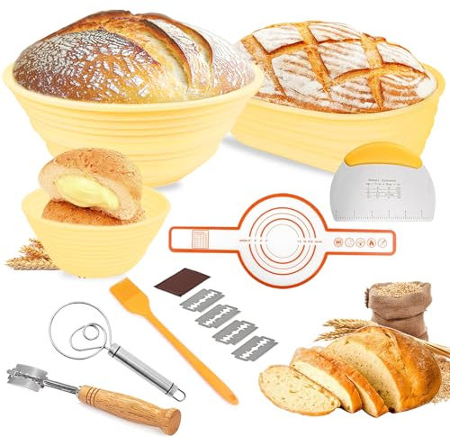 Gärkörbchen für Brot, Haomacro Sauerteig Starter Set Silikon, 3 Gärkorb 24cm and 13cm Runde, 26cm Oval, Brotbackzubehör Mit Bäckermesser, Dänischer Schneebesen, Teigschaber und Bratpinsel