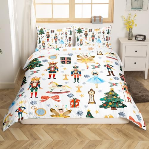 Homemissing Merry Christmas Duvet Cover Set Xmas Festival Bedding Set for Kids Boys Girls Nutcracker Comforter Cover New Year Quilt Cover Bedroom Collection 3Pcs Double Size,No Comforter