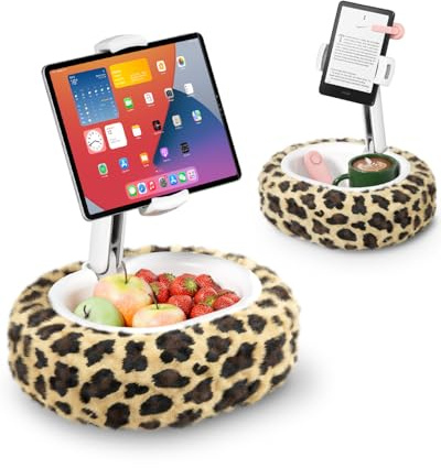 Viozon Kindle Holder, Tablet Pillow Stand, Compatible with 4-13 Tablet/Phone with Snack Bowl, Adjustable, Foldable, Kindle Accessories, Idea for Reading in Bed & Watching Video, Leopard Print