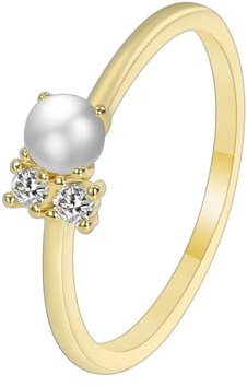 Whoiy 14 Karat Gelbgold Goldringe Ehering Zierlich, Verlobungsringe Vorsteckring 585 mit Perle für Frauen Größe 56 (17.8)
