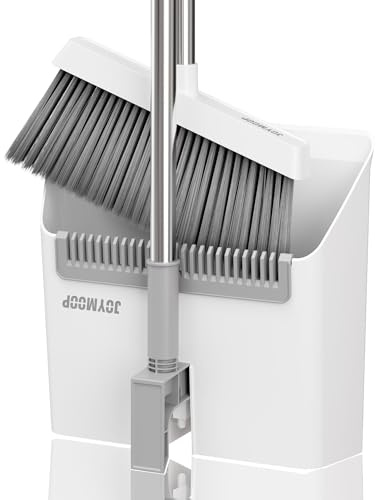 JOYMOOP Set Escoba y recogedor, recogedor y Cepillo con Mango Largo, Escoba sin Necesidad de agacharse para Uso Interior y Exterior, Blanco y Gris