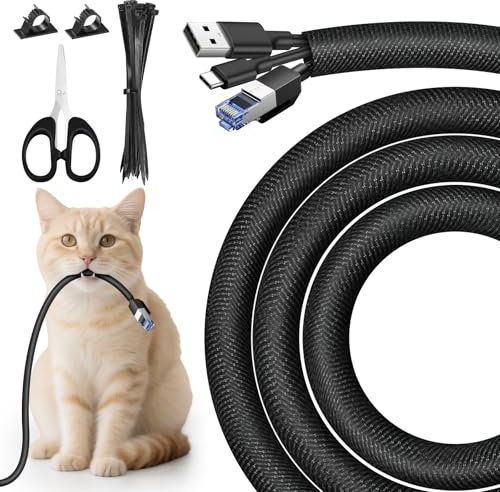 CoKeeSun Kabelschläuche 3 Meter-10mm, 14 Stück Hund und Katze Kabelschutzgitter Set, Flexibler Textilien Kabelmantel, Kabelmanagement für Schreibtisch, TV, Computer, PC, Kabelschutz
