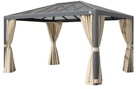 PRIMEYARD Tonnelle de Jardin 3x4 m avec Toit en Polycarbonate - Hardtop Pavillon avec 4 Parois latérales en Champagne