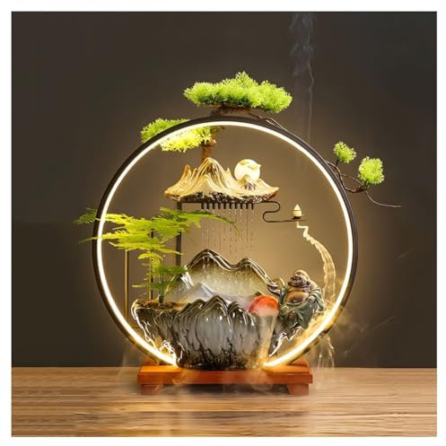Fontana da tavolo per interni con scultura in ceramica, anello luminoso a LED, bruciatore di incenso a riflusso e funzione nebulizzazione, per rilassarsi a casa e in ufficio