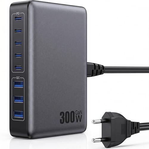 USB C Ladegerät, 300W 8-in-1 Netzteil Schnellladegerät | Multi Charging Station Adapter, Schnellladestation, PD GaN, Desktop-Lader, für MacBook, iPhone, iPad, Samsung, Laptop