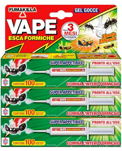 Vape Esca Formiche in Gel Insetticida per Esterno Interno Casa 300 Gocce Fino a 3 Mesi di Efficacia Pronta all'Uso Elimina L'Intero Formicaio Super Appetibile - 3 Siringhe