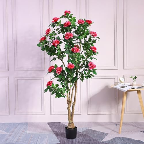 Artificial Azalea Tree in Pot, Decorative Faux Plant with Pink Blossoms and Green Leaves, Realistic Flowering Tree for Home, Office, Entry Hall or Living Room Display(Red,1.8m)