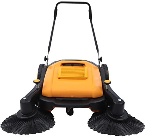 Máquina barredora de pisos industrial, escoba de empuje manual para limpieza de áreas grandes al aire libre, cubo de basura de 14.5 galones para garaje, entrada, hotel