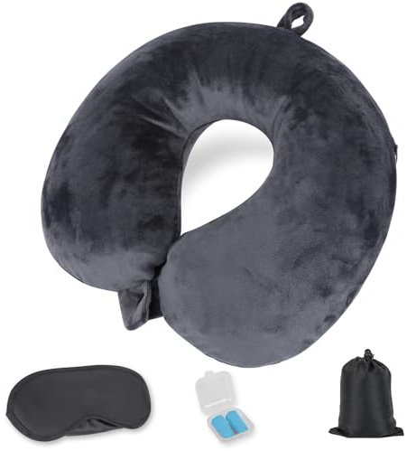 Cozary Almohada de Viaje Hinchable, Almohada Avion, Fabricado con Suave Terciopelo, Incluye Tapones para Los Oídos, Antifaz y Bolsa de Almacenamiento, Aplicable a Aviones, Trenes u Oficinas-Gris