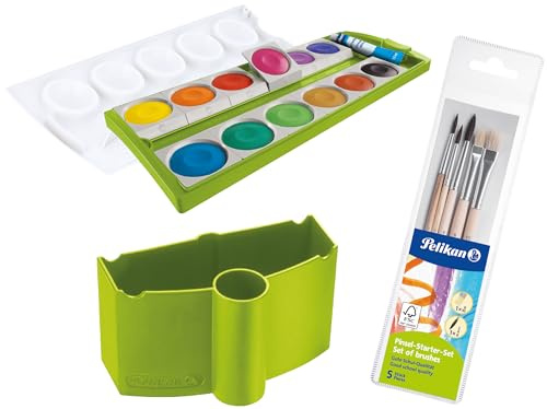 Pelikan Set DIN 5023 Deckfarbkasten 12 Farben + 1 Tube Deckweiß, Schul-Standard (mit Becher + Pinsel), Blau K12 Set (Grün)
