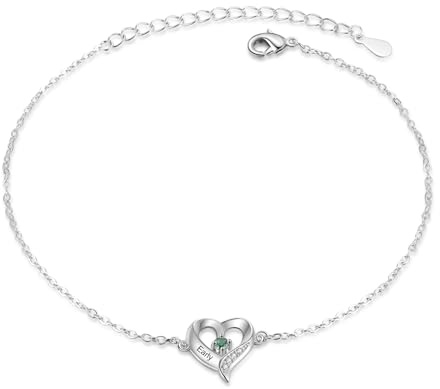 kaululu Personalisierte Damen Fußkettchen mit Namen und Geburtsstein Herz Anhänger Fußkettchen für Mama, Oma, Freundin Personalisierte Geschenke Frauen