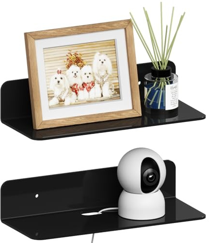 RICHER HOUSE 2er-Set Wandregal Ohne Bohren, Schwarz Acryl Schweberegal | 23CM, Doppelte Befestigung (Kleber oder Schrauben), Kleines Schwebendes für Schlafzimmer, Bad, Küche, Wohnzimmer Lagerung