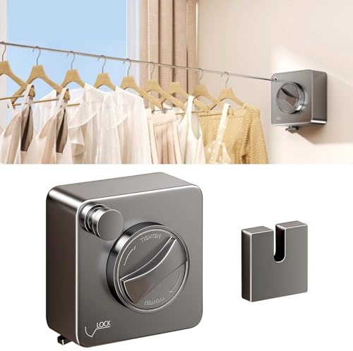 Corde à Linge Rétractable 4.6 m – Étendoir à Linge Double avec Support Pivotant, Fil à Linge Murale pour Intérieur & Extérieur, Balcon, Cuisine, Salle de Bain – Gris