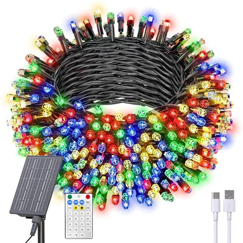 Dolucky Guirnaldas Luces Exterior Solar, 32M 300LED Luces Navidad Exterior con Control Remoto, 8 Modos IP65 Impermeable Cadena de Luz Solar Navidad para Jardín Terraza Patio Bodas, Colorido