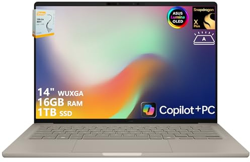 ASUS Zenbook A14 Copilot+ AI PC Laptop | 14 WUXGA OLED (100% DCI-P3) | Qualcomm Snapdragon X Plus (Up to 45 Tops) | 16GB RAM 1TB SSD | for Creator Business Professional Win11 w/DLCA Accessory